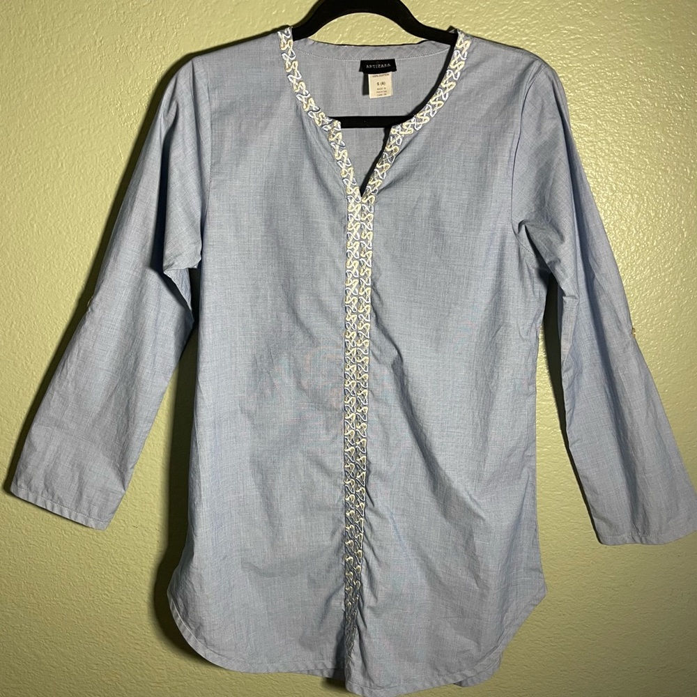 Artizara 100% Cotton Embroidered Tunic Top 3/4 Sleeves Light Blue | Size (S) 6